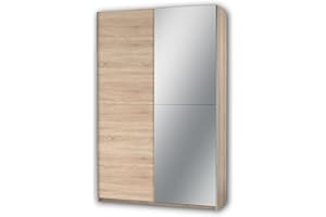 Stella Trading FAST, Armadio guardaroba elegante, con anta a specchio, molto capiente, versatile con ante scorrevoli, effetto rovere Sonoma, 125 x 195 x 38 cm, L x A x P
