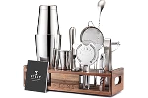 ‎ETENS Etens 15-teiliges Barkeeper Set mit Holzständer – Edelstahl Boston Cocktail Shaker Set mit Messbecher, Sieben, Stößel & Bar Zubehör – Profi-Mixologie Cocktail Set Geschenk für Zuhause & Bar