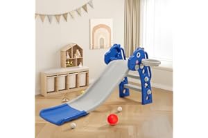 FUKEA Kids Slide Indoor, Freestanding Toddler Slide with Climbing Frame, Basketball Hoop, Basketball, Outdoor Garden Slides for Toddlers Age 1-6, Blue Dinosaur