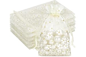 30Pcs Ivory Organza Drawstring Bags – Sheer Mesh Jewelry Pouches with Daisy Design for Wedding, Baby Shower, Party Favors, and Holiday Gifts, 4x6 Inches