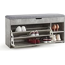 Scarpiera Con Seduta - Banco Ingresso Industriale, Legno, Ripiani Mobili, Bianco E Grigio