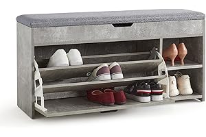 ‎MEERVEIL Meerveil Schuhbank mit Sitzfläche, Schuhbank mit Klappschublade Holz Industriestil für Flur Eingang, B100 x H52 x T30 cm, Grau