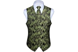 HISDERN Męska kamizelka paisley, kwiecista, żakardowa, krawatowa poszetka, na ślub, przyjęcie biznesowe, dopasowana kamizelka, zestaw, rozm. XS–6XL