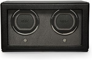 WOLF DESIGNS Wolf Cub 461203 - Automatic Double Watch Winder for 2 Watches with Glass Cover - Black Saffiano Leather, Chrome Finished Hardware and Black Grosgrain Faceplate - Wolf Patented Rotation Technology
