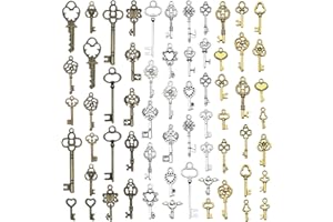 LUFFLOK 62 PCS Vintage Keys Charms, Charms for Crafting Making, Skeleton Key, Mixed Smooth Charms for DIY Crafting Party Room Decor,Silver & Gold