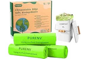 PURENV 6Lx 150 Compostable Sac Poubelle, Sachets Biodégradables à Déchets, Sacs à déchets alimentaires, acec Certifié EN13432, fait à base de fécule de maïs