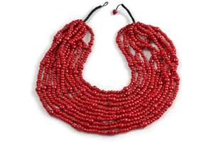 Avalaya Statement Multistrand Layered Bib Style Wood Bead Necklace In Cherry Red - 50cm Shortest/ 70cm Longest Strand