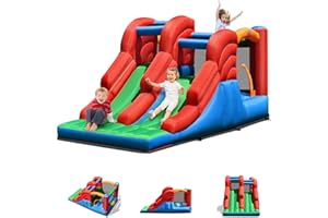 COSTWAY Castello gonfiabile per bambini, con Doppio Scivolo, 3 in 1 con Scivolo Parete per Arrampicarsi e Trampolino, 3-10 anni, Interno ed Esterno, con Borsa di Trasporto e Kit di Riparazione
