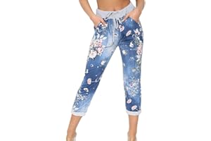 URBAN FASHION Crazy Fashion Women’s Ladies Denim Joggers Star Printed Sweatpants Floral Ribbed Waistband Trousers Ladies Casual Summer Italian Gym Running Pants Plus Size 8-26