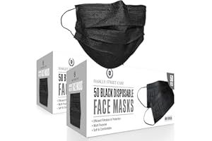 H HARLEY STREET CARE Harley Street Care Disposable Black Face Masks Protective 3 Ply Breathable Triple Layer Mouth Cover with Elastic Earloops - 2 Boxes of 50 pcs each (100 pcs)