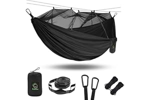 Grassman Hamak outdoorowy z moskitierą, przenośny, ultralekki, podróżny hamak kempingowy z zestawem mocującym, podwójny hamak do trekkingu, jazdy na rowerze, wędkowania, ogrodu, na plażę, 300x200 cm