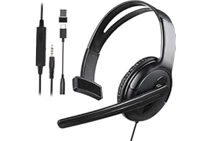 KOIIKO Wired One Ear Headset with Mic, 3.5mm/Type-C/USB Gaming Headset for PS5/PS4/Xbox/Switch/PC/iPhone/iPad/Mac/Tablet/Android, Single Ear Game Chat Headphone for Office Business Work Teams Call Center