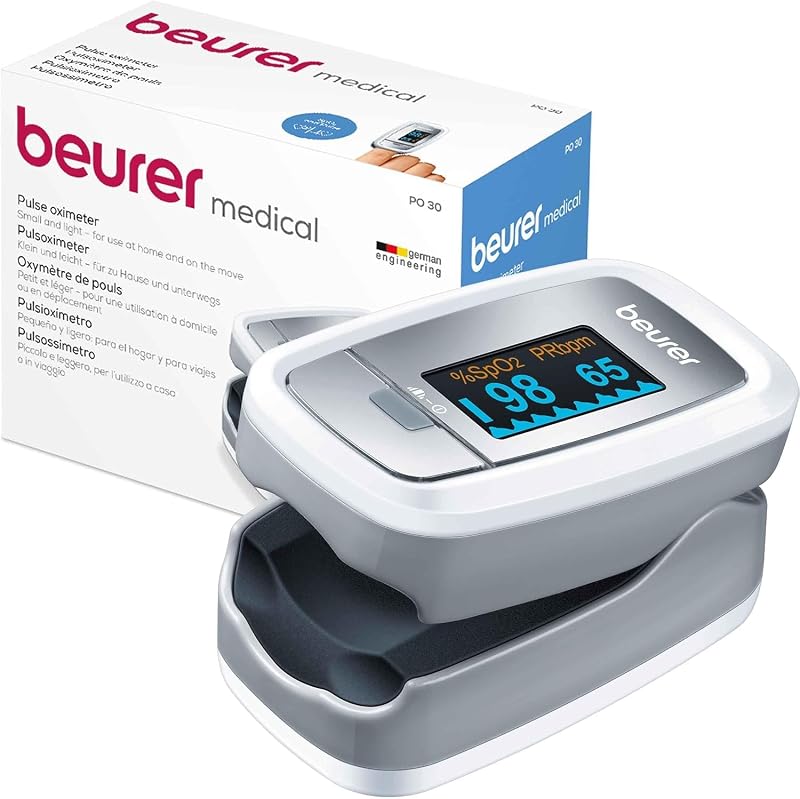 Beurer PO 30 pulsioxímetro, medición de la saturación de oxígeno (SpO₂) y de la frecuencia cardíaca, oxímetro de dedo con pantalla en color, aplicación indolora en el dedo, 6,1 x 3,6 x 3,2 cm, blanco