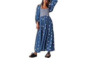 Acrawnni Women's Flower Embroidered Maxi Dress Long Puff Sleeve Square Neck Smocked Tiered Bohemian Flowy Dress Beach Long Dress