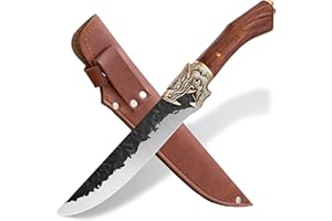 Purple Dragon Nóż do filetowania, nóż do siekania, ręcznie kuty, nóż szefa kuchni, ostry nóż do mięsa ze skórzanym etui, 7Cr17Mov, stal węglowa, 7 cali, nóż outdoorowy do kuchni, na kemping, pudełko