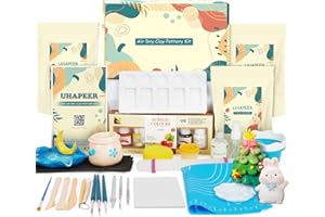 UHAPEER Pottery Kit Air Dry Clay for Adults - DIY Pottery Painting Kit for Beginners with 6 Acrylic Paints, Varnish, Tool Set, Paintbrushes, Sponge, Clay Stick, Step-by-Step Guide, for Holiday Gifts