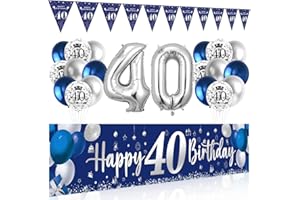 BLUELVES 40. Geburtstag Deko für Mann und Frau - Happy Birthday Banner Blau Silber, Luftballons, Wimpel Girlande, Hintergrund Ballons Marineblau Silber für Männer Frauen Party