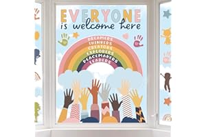JarThenaAMCS One World Together Window Clings Colorful Hand Rainbow Window Stickers Double Sided Glass Decals for First Day of School Party Home Classroom Wall Blackboard Decor, 6 Sheet