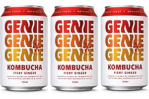 GENIE LIVING DRINKS Fiery Ginger Kombucha, Fermented for 10 Days, Gut Friendly, Low Calorie, All Natural, 100% Vegan, No Sweeteners, No Nasties, Made in the UK, Natural Energy, 3 x 330ml Cans