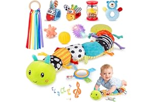 Joyreal 10-częściowy zestaw zabawek dla niemowląt w wieku 0-6 miesięcy, zabawka sensoryczna dla noworodków, gąsienica, zabawka muzyczna, grzechotki, wstążki, zabawki Tummy Time, prezent od 3, 6, 9