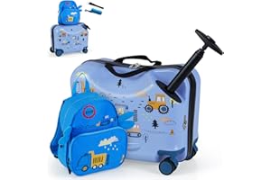 RELAX4LIFE Set Valigia Cavalcabile/Trolley per Bambini 18‘’ con Zaino 12‘’, 4 Ruote Girevoli, Maniglia Retrattile 56cm, 2 Cingie Multiuso, Zaino: 26x30cm/Trolley:47x26,5x36,5cm (BLU-2)