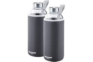 Westmark Trinkflaschen-Set, 2tlg., 2 Trinkflaschen aus Glas mit Aufdruck, inkl. je 1 Schutzhülle, 1000 ml, Glas/Silikon/Kautschuk, BPA-frei, Viva, Anthrazit/Silber/Klar, 527422E6