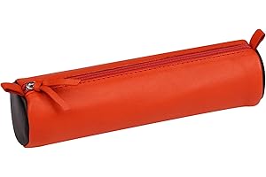 Clairefontaine 8391C - Trousse Scolaire Ronde bicolore Orange/marron Ø5,5x22 cm en Véritable Cuir d'Agneau I Fourniture Scolaire I Trousse Crayons de Couleurs I Etui à Crayons I Porte-Plume