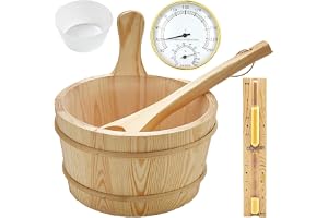 Seau de sauna (4 litres), seau de sauna avec truelle, seau de sauna en bois avec louche, sablier, sablier, thermique, hygromètre, seau de sauna résistant à la chaleur 4 l avec insert