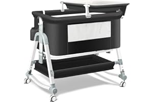 Uuoeebb 4 in 1 Baby Bedside Crib, Next to Me Crib, Travel Cot with Mattress Included, Baby Cribs with Changing Table, 5 Level Height Adjustable Bedside Cot for Newborn (Black)
