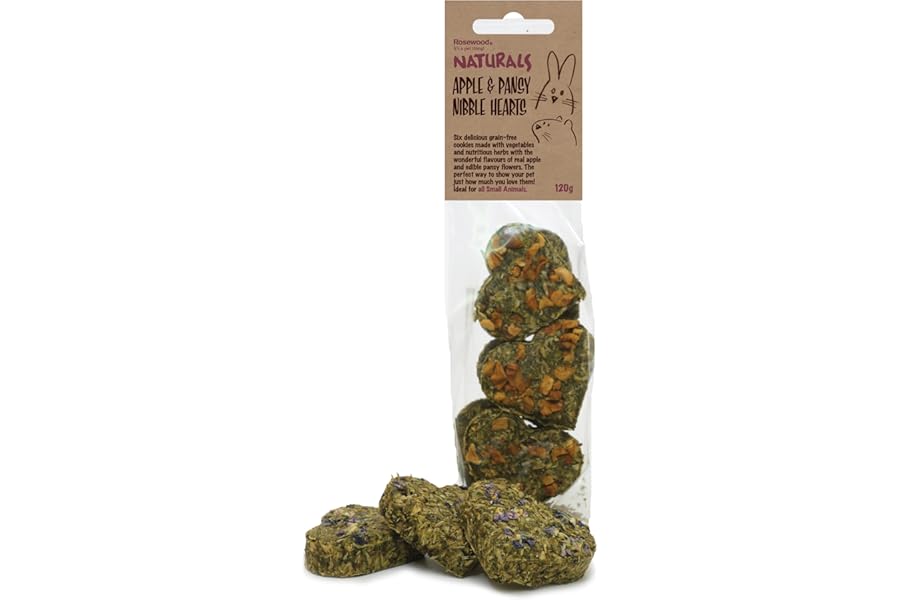 Rosewood Naturals Apple & Pansy Nibble Hearts, Small Animal Treats for Rabbits, Guinea Pigs, Chinchillas, Degus, Hamsters, Gerbils, Mice and Rats, 120g