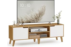 VASAGLE Mueble de TV de 2 Puertas, Soporte de TV con Estantes Ajustables, Largo de 147 cm, para Televisores de 65 Pulgadas, para Salón, Comedor, Dormitorio, Roble Natural y Blanco Crema LTV556Y01