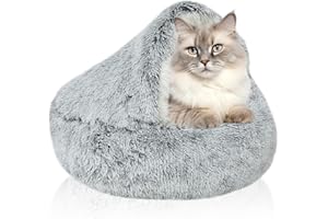 WIYETY Puszyste legowisko dla kota, 40 cm, antypoślizgowe, uspokajające legowisko dla kota, puszyste, okrągłe, legowisko dla zwierząt domowych, miękki plusz z kapturem, dla kotów i małych psów (szare)