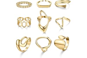 LOLIAS 9 Pcs Gold Chunky Rings for Women 18K Gold Plated Ring Set Dome Thick Open Rings Adjustable