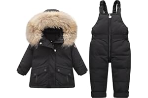 Amissz Combinaison de Neige Fille Garçon Doudoune à Capuche + Pantalons de Ski Enfant 2Pièces Bébé Manteau de Duvet Pantalon de Neige Hiver Veste Snowsuit