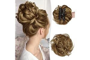 RUWISS Moño Postizo con Pinza para Extensiones de Coleta 100% Cabello Humano Ondulado y Rizado Scrunchies de Cabello Humano con Clip para Mujeres (Marrón Chocolate con Reflejos Rubio Dorado Claro)