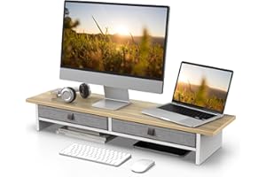 Fenge Supporto per Doppio Monitor con Cassetto 90 cm Organizzatore da Scrivania a 2 Strati per PC/Laptop/Stampante/TV L90 x L23,5 x H14,2 cm (Rovere)