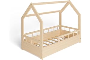 MS FACTORY Lit Enfant Bébé Maison 70x140 cm - Lit en Massif Cabane avec Protection Anti-retombée, Barrière Sécurité - Style Scandinave Montessori - Bois Demi-barrières