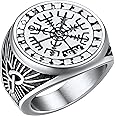 FaithHeart Viking Compass Rings for Men, Norse Runes Vegvisir Sighet Ring Stainless Steel/Gold/Black, Men's Chunky Ring Size O-Z+3 Can Personalise