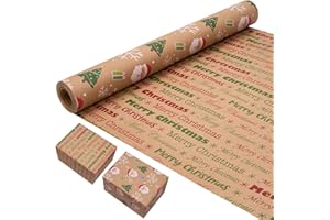 ZHNERY Rollo de papel de regalo de doble cara de 43 cm × 10 m, papel de regalo de Navidad reciclable de kraft con impresión de Papá Noel para decoración de regalo de Navidad, cumpleaños y fiesta