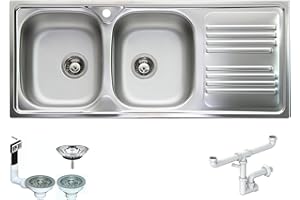 FHULLER Lavello TM1162IRPC da incasso 2 vasche con gocciolatoio destro| Acciaio Inox Prelucido | 116x50 cm | Foro Scarico 3,5” | Lavello Cucina Resistente, Igienico e Facile da Pulire