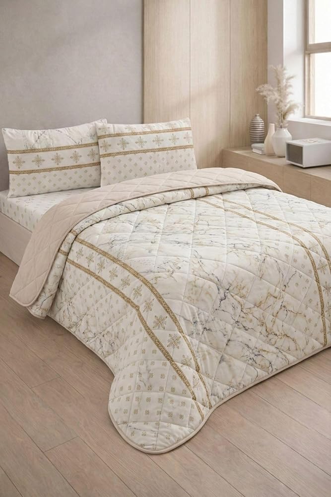 Formeya Kapitoneli Tek Kişilik Desenli Pike - Yatak Örtüsü Takımı 160x230 cm - 1 Adet Yastık Kılıflı (Bej)