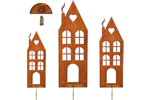 Gucass 3er Set Häuser Rost Deko Weihnachten Outdoor, Gartenstecker Roststecker Weihnachtsdeko Draußen, Winter Deko Garten für Advent, Weihnachts Balkon Gartendeko