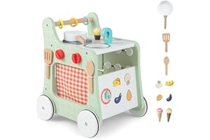 COSTWAY Andador Bebes de Madera 6 en 1, Carrito de Madera para Bebés, Centro de Actividades de Aprendizaje para Empujar y Jalar para Bebés con Cocina, Reloj, para Bebés de 12+ Meses (Verde)