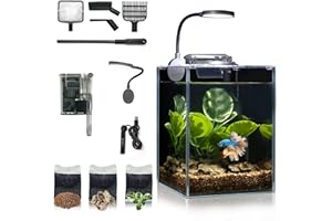 WONDERFACTORY Desktop Betta Small Aquarium Glass Aquarium 4.7 Litre Complete Set, Self-Cleaning Filter System, Bright LED Light, Gravel Plant, Cleaning Tool, Starter Set for Small Spaces
