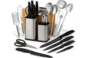 CASSARY Kit complet de couteaux et ustensiles de cuisine de 17 pièces en acier inoxydable (couteaux de cuisine, set ustensile cuisine, bloc à Couteaux et planche à découper inclus). Accessoires de Cuisine