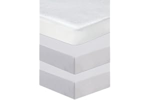 Hajran Linen 3 Pcs Soft & Cozy Crib/Cradle Fitted Sheets - 100% Pure Cotton 2x Fitted Sheets + 1x Waterproof Mattress Protector - Premium Quality High Thread Count (90 x 50 cm, Silver)