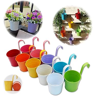 zeryor Metalen hangende plantenhouder, leuning plantenbakstandaard voor buiten, balkon, hek, terras, veranda, afneembaar ijzeren rek voor kleine planten (3 stuks