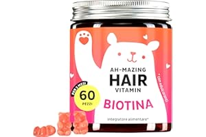 Caramelle Gommose Biotina Ah-mazing Hair Vitamins per Capelli, Pelle e Unghie – 5000 µg di Biotina, Zinco, Vitamine B6, C, E, Acido Folico & Iodio – 60 pezzi (2 mesi), Vegano, Bears with Benefits