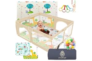 EveryKip® Parque Infantil Bebe 120x120cm Beige + Alfombra Suelo + Anillas + Bolas + Bolsa Transporte Corralito Bebe Plegable Malla Transpirable Baby Playpen (Beige)