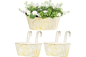 BOOMTOP 2Pcs Metal Hanging Flower Pots, Vintage Iron Hanging Planters Bucket with Removable Hooks Metal Plant Pots for Fence Balcony Garden Home Decoration (Vintage Beige)